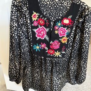 Floral Embroidered Animal Print Blouse